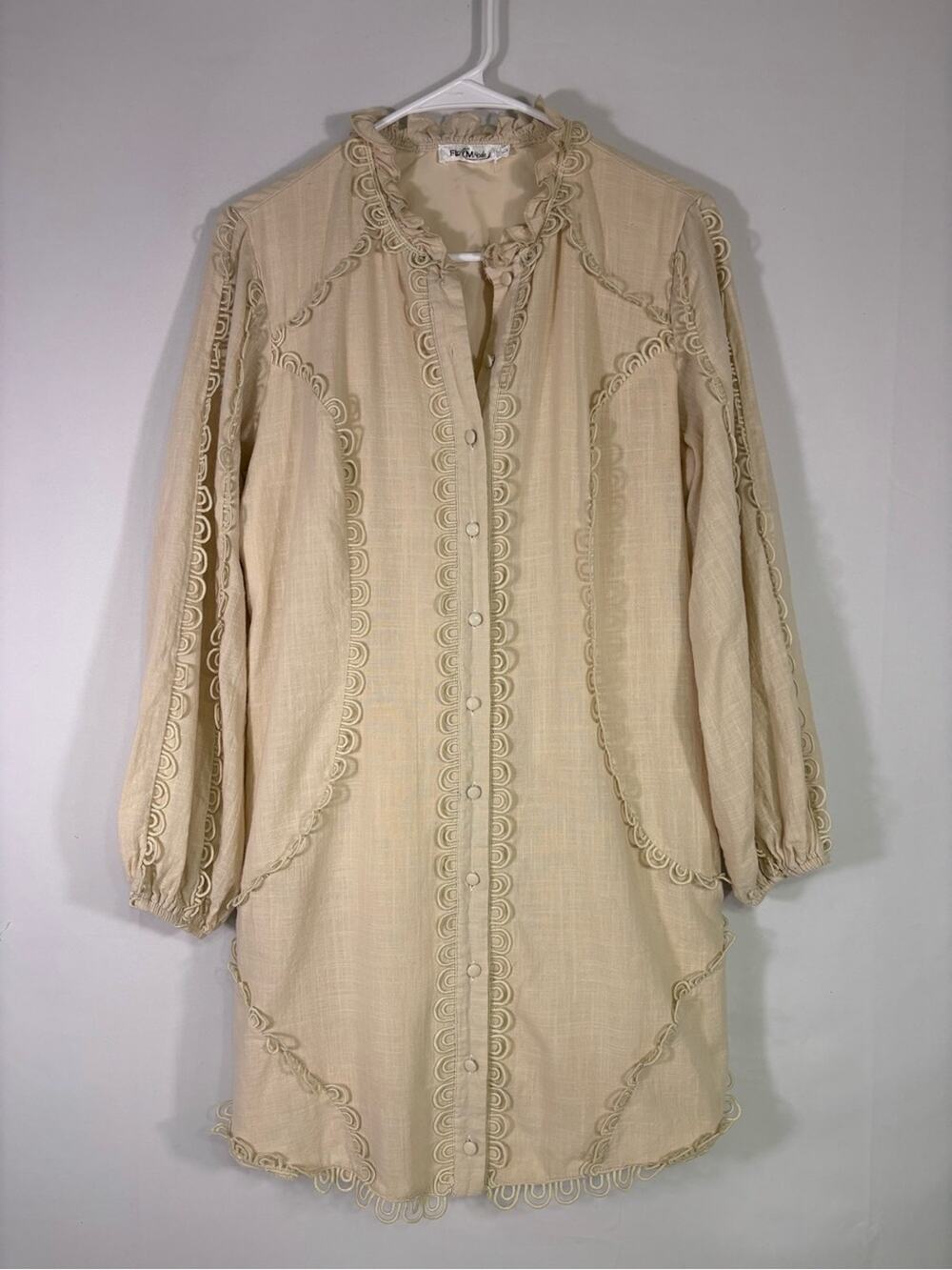 Flam Modes Cottagecore Tunic Top Beige Ruffle Button Front Boho Size Large